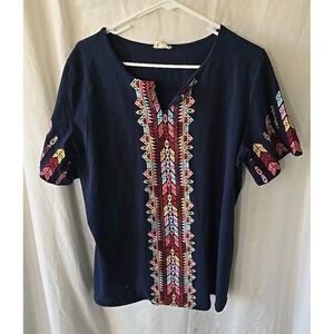 Layerz Clothing Short‎ Sleeve V-neck Shirt Top Navy W/embroidered Aztec Design L
